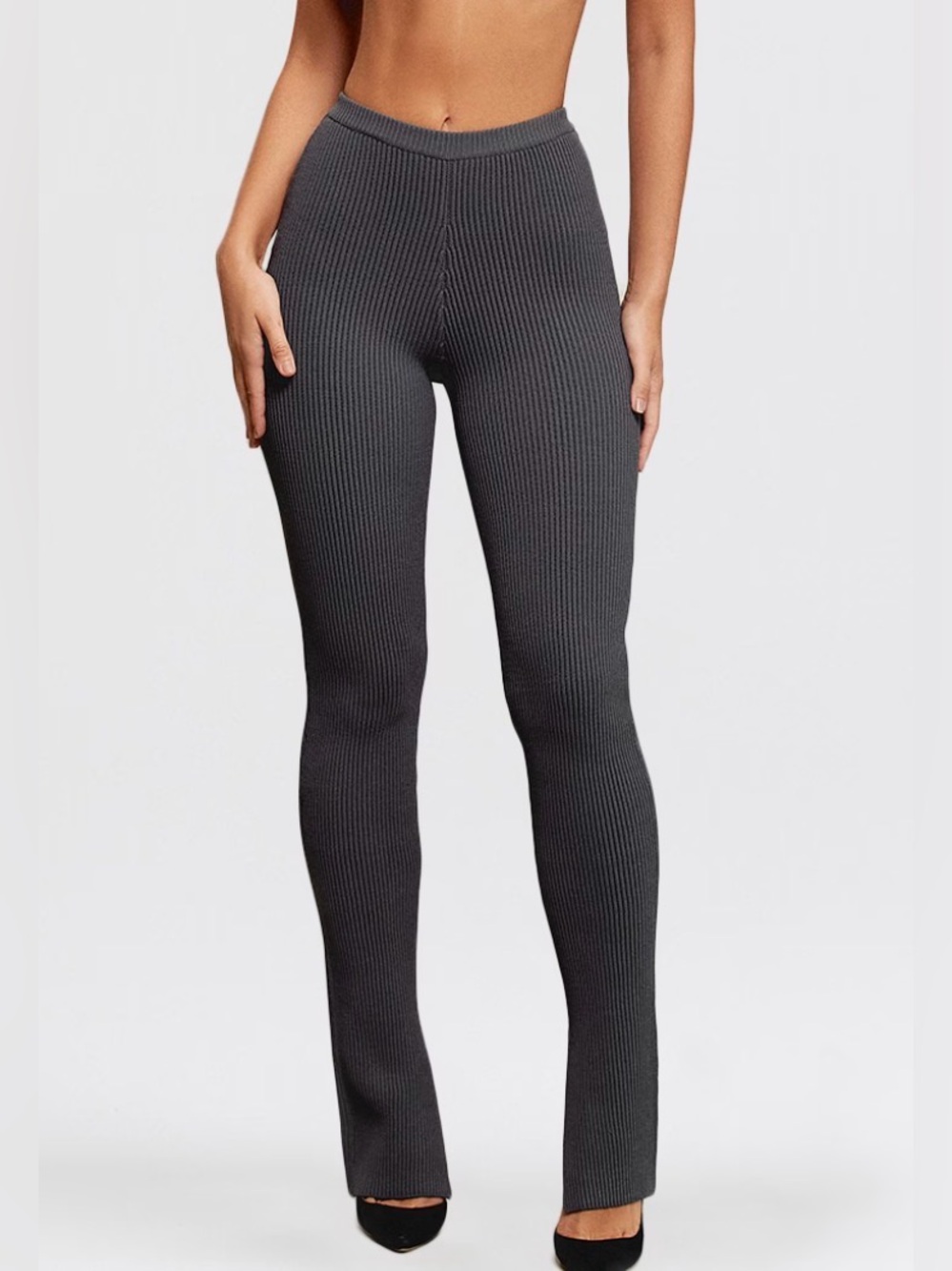 'House of cb Mitzi Dark Grey Ribbed Knit Leggings Small